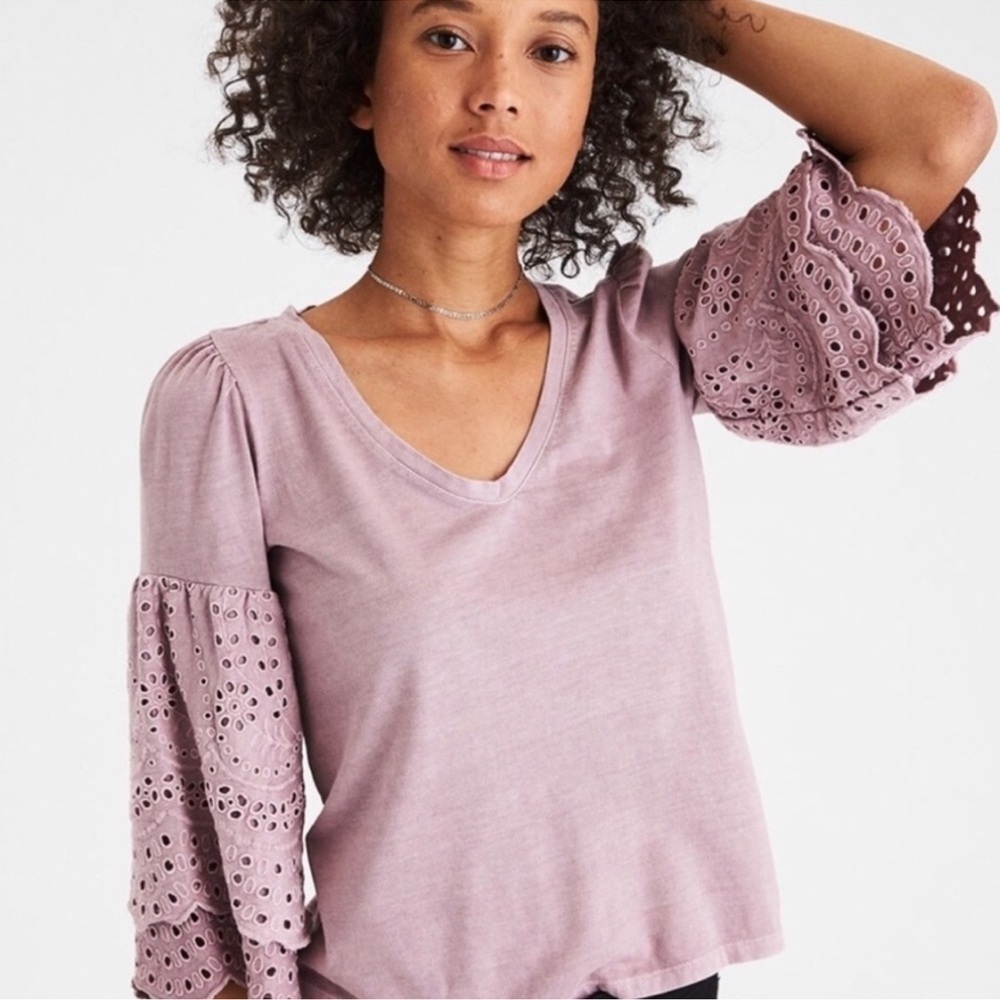 American Eagle Outfitters Mauve Eyelet Sleeve Blouse